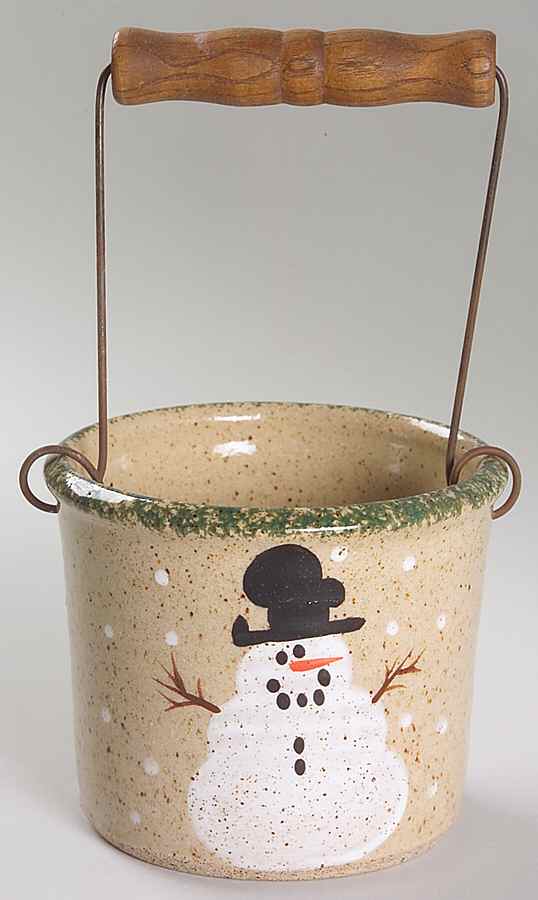 Traditional Snowman (Made in Mold) Crock-Bail/Open 3" with Handle by Three Rivers-1