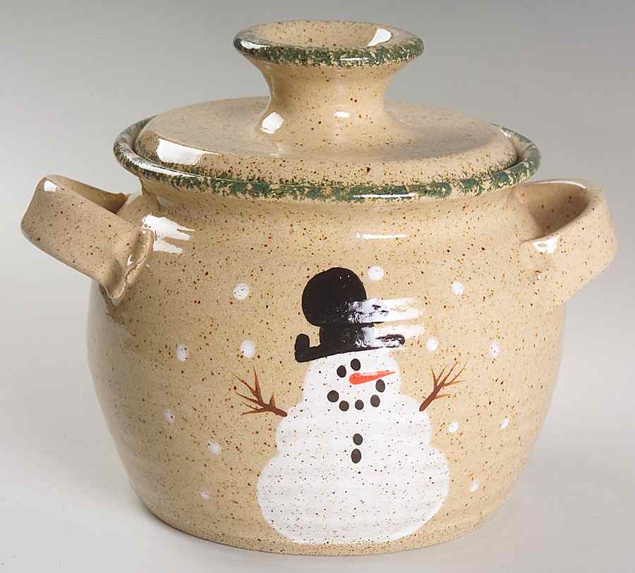 Traditional Snowman (Made in Mold) Bean Pot & Lid by Three Rivers-1
