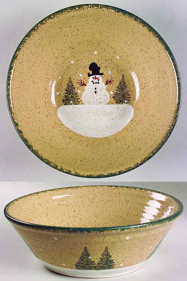 Snowman & Pines (Hand Thrown) 11" Round Vegetable Bowl by Three Rivers-1