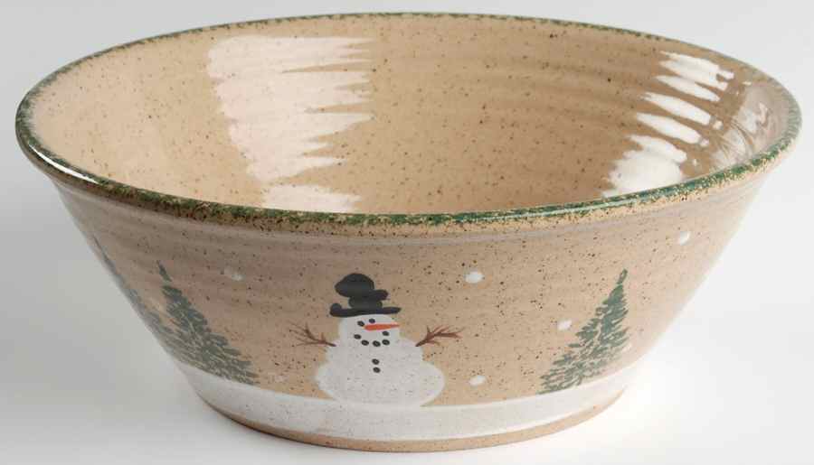 Snowman & Pines (Hand Thrown) 10" Round Vegetable Bowl by Three Rivers-1