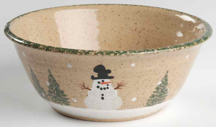 Snowman & Pines (Hand Thrown) 8" Round Vegetable Bowl by Three Rivers-1