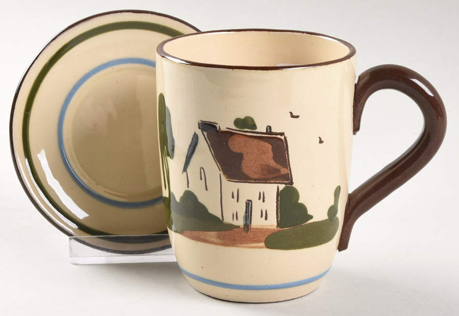 Motto Ware (Cottage) Flat Cup & Saucer Set by Torquay Pottery-1