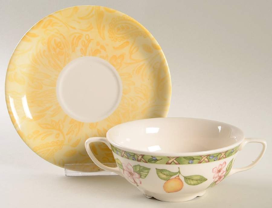 Full Fruits Flat Cream Soup Bowl & Saucer Set by Tudor (England)-1