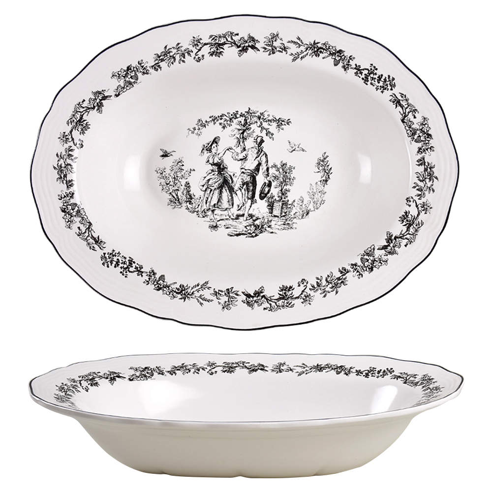 New England Toile (People) 13" Oval Vegetable Bowl by Tabletops Unlimited-1