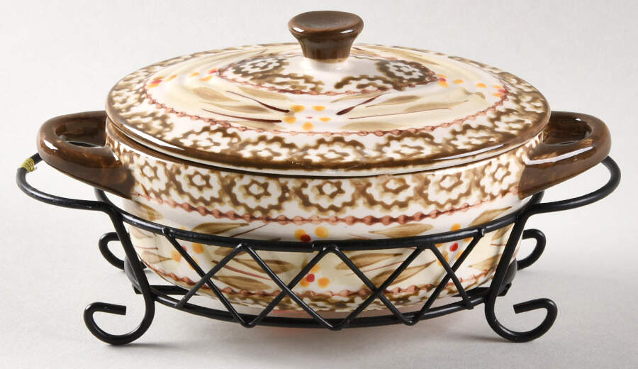 Old World Brown 9 Oz Individual Oval Casserole & Lid W/Metal Stand by Temp-Tations-1