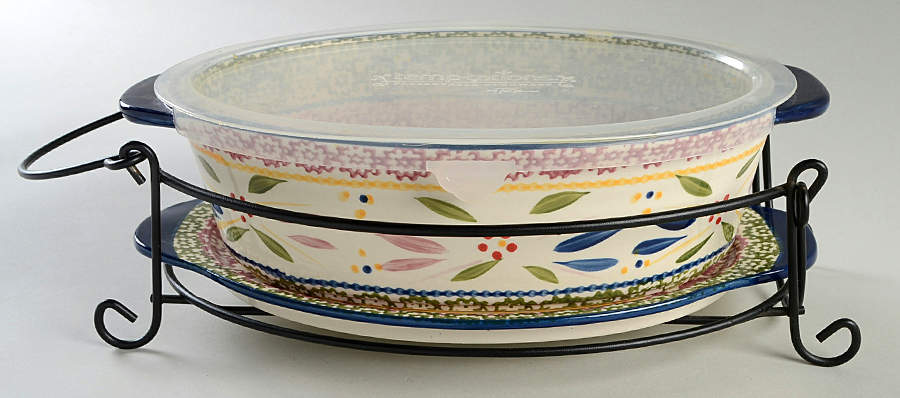 Old World Confetti 11" Oval Baker w/Plastic Lid, Lid-It & Mtl Stand by Temp-Tations-1