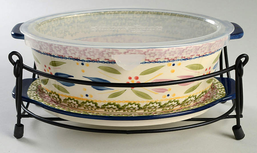 Old World Confetti 10" Oval Baker w/Storage Cover, Lid-It & Mtl Stand by Temp-Tations-1