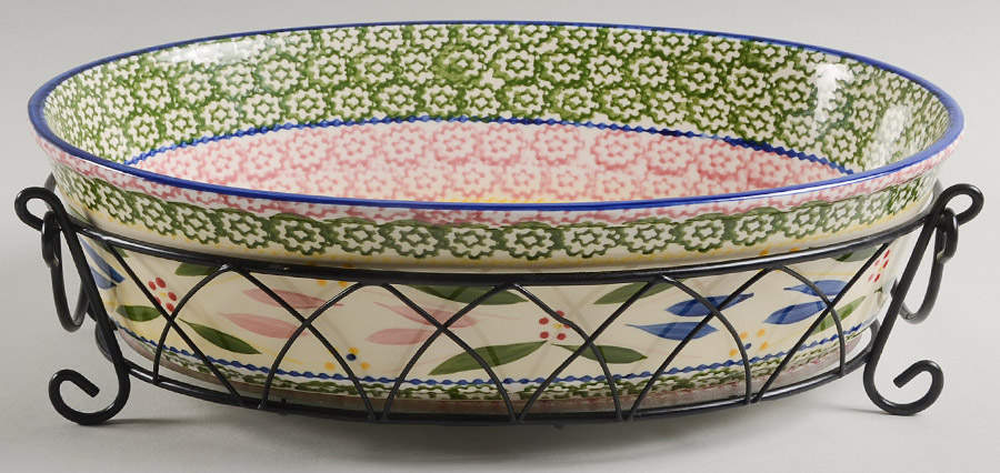 Old World Confetti 13" Oval Baker W/Metal Stand & Glass Trivet by Temp-Tations-1