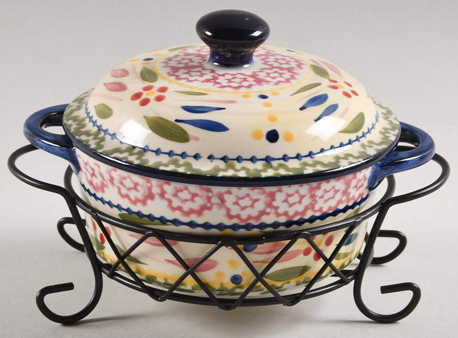 Old World Confetti 10 Oz Individual Casserole & Lid W/Metal Stand by Temp-Tations-1