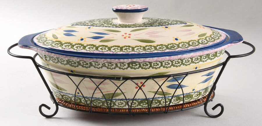 Old World Confetti 3.5 Qt Oval Cov Casserole W/Metal Stand by Temp-Tations-1