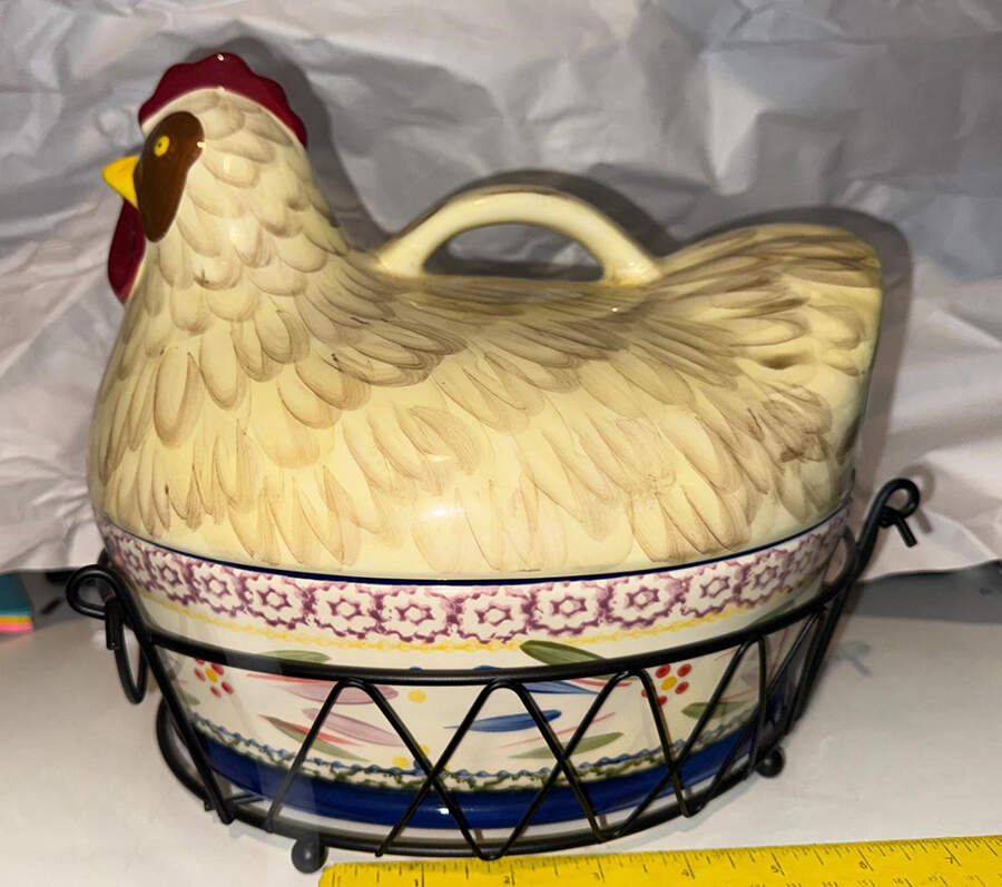 Old World Confetti Figural Oval Baker & Lid with Metal Basket by Temp-Tations-1
