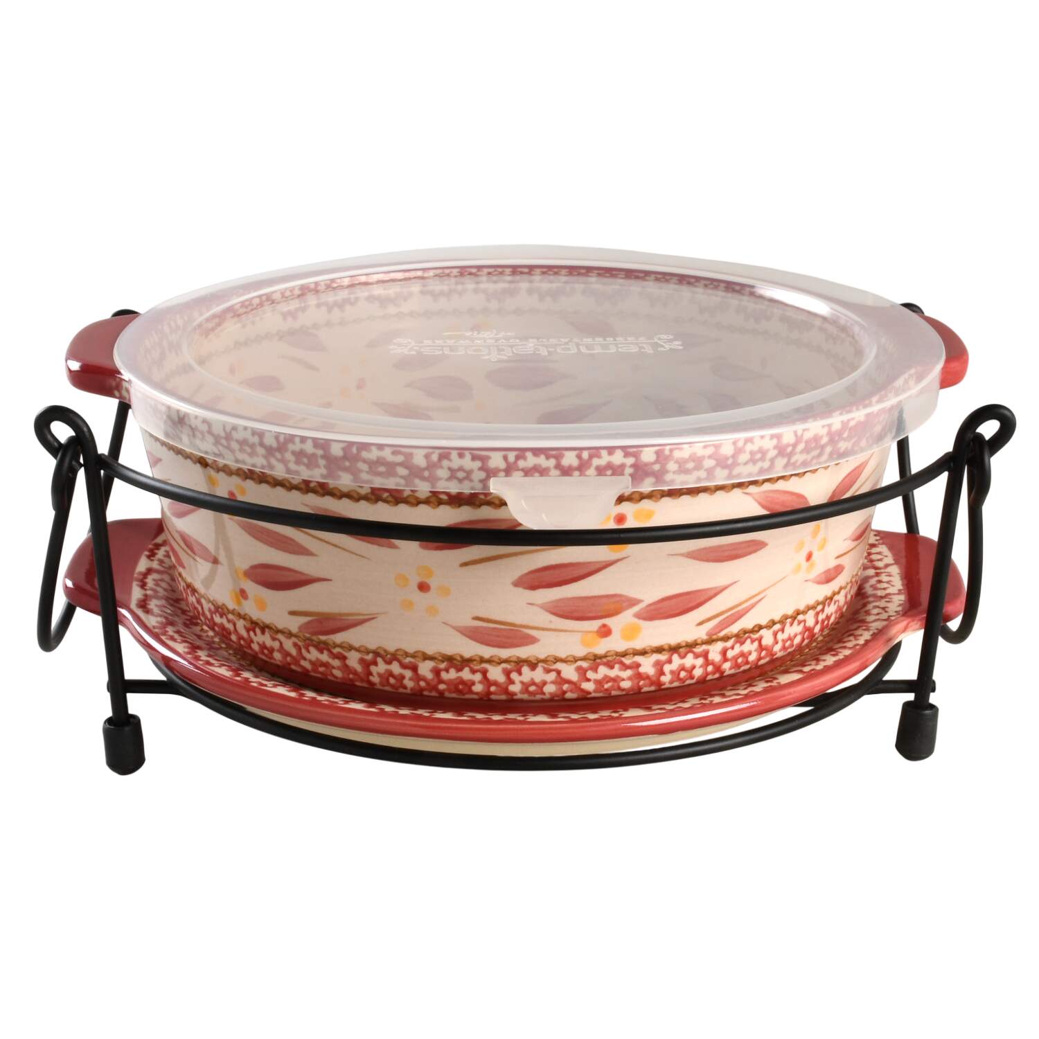 Old World Cranberry 10" Round Tab Handled Baker & Lid-It with Plastic Lid & Metal Stand by Temp-Tations-1