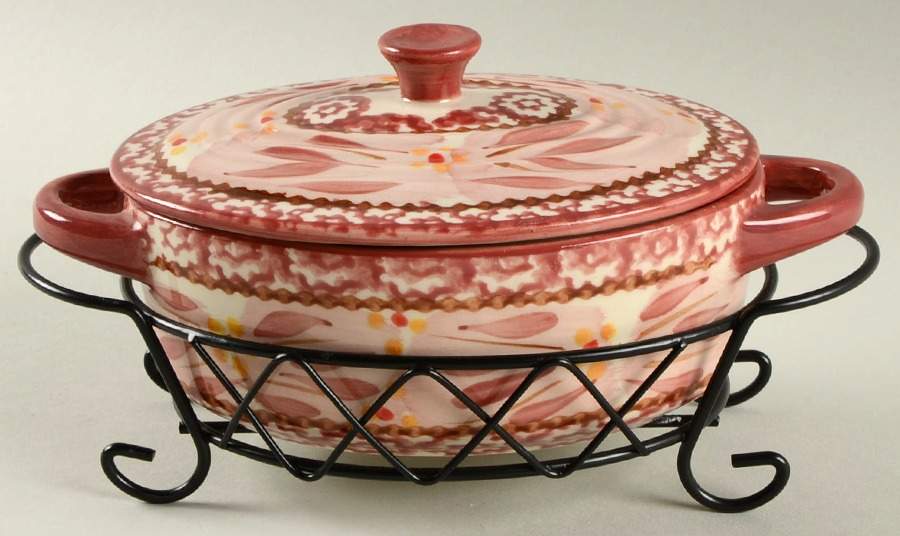 Old World Cranberry 9 Oz Individual Oval Casserole & Lid W/Metal Stand by Temp-Tations-1