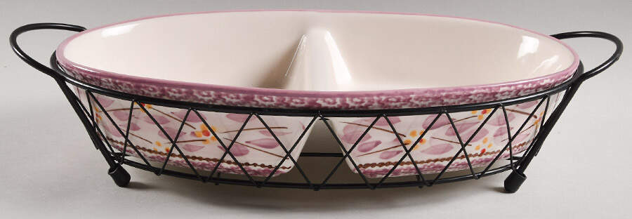 Old World Lilac 14" Divided Oval Baker & Metal Stand by Temp-Tations-1