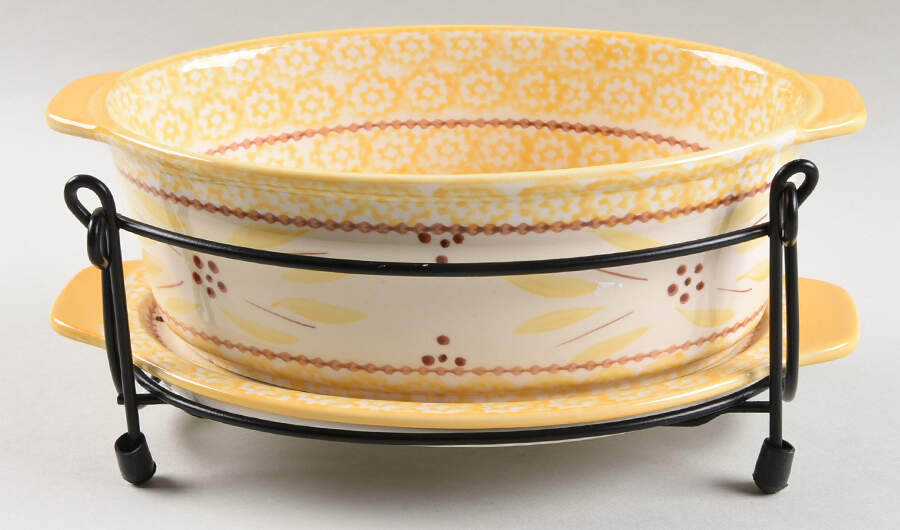 Old World Yellow 13" Oval Baker W/ Lid-It & Metal Stand by Temp-Tations-1