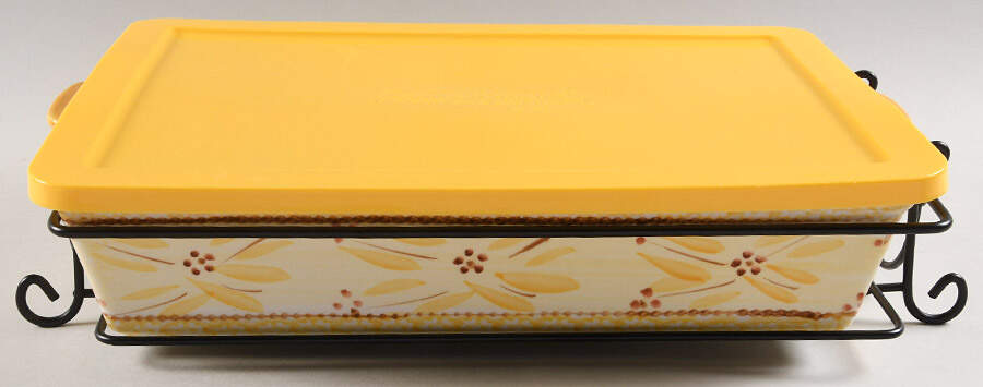 Old World Yellow 15" Rectangular Baker W/Storage Cover& Metal Stand by Temp-Tations-1