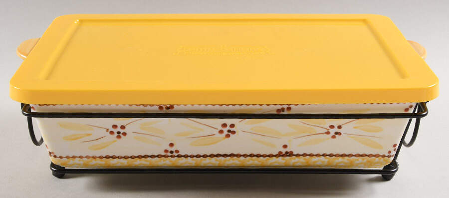 Old World Yellow 13" Rectangular Baker & Plastic Lid with Metal Stand by Temp-Tations-1