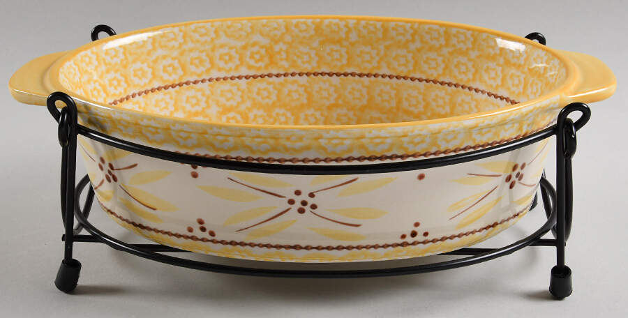 Old World Yellow 12" Oval Baker with Metal Stand by Temp-Tations-1