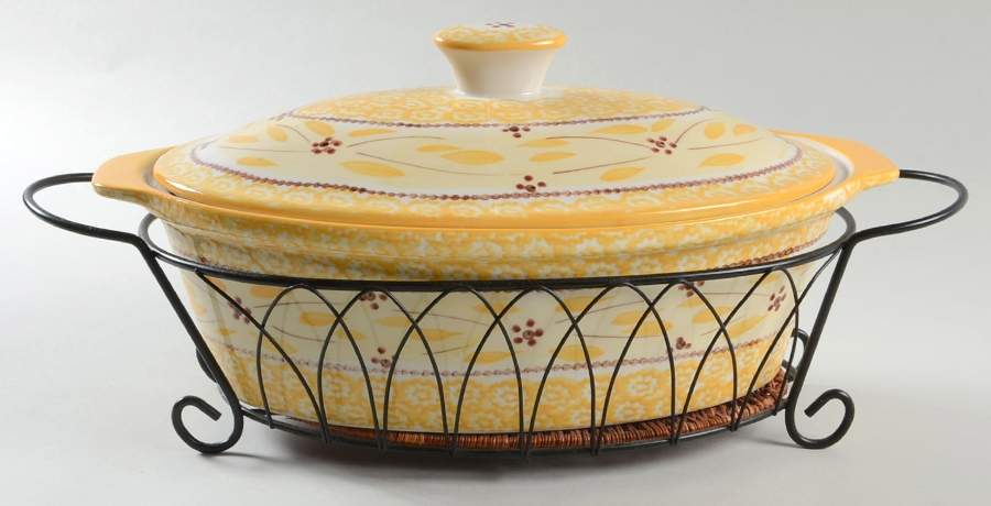Old World Yellow 3.5 Qt Oval Cov Casserole W/Metal Stand by Temp-Tations-1