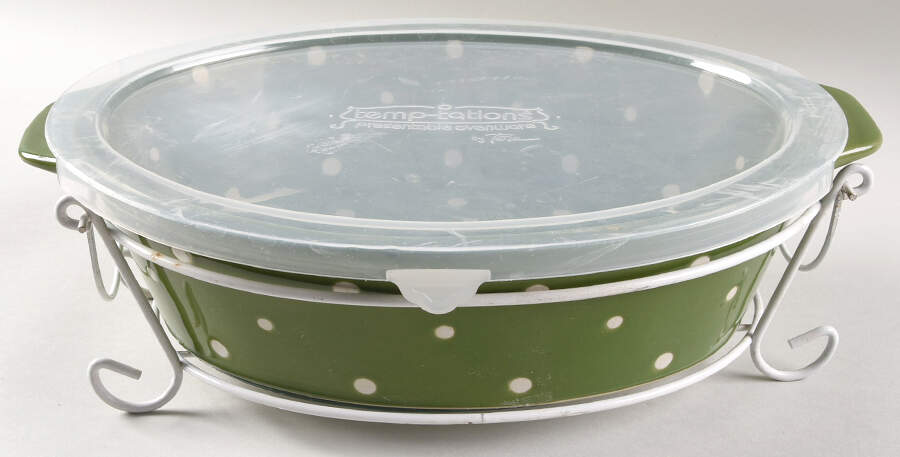 Polka Dot Green 13" Oval Baker W/Lid, Metal Stand & Glass Trivet by Temp-Tations-1