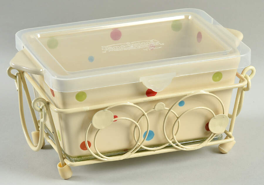 Polka Dot Cream 8" Handled Rectangular Baker w/Plastic Lid, Glass Trivet & Metal Stand by Temp-Tations-1