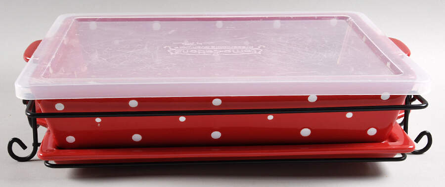 Polka Dot Red 4pc 13" Rect. Baker (Baker,Lid,Tray & Stand) by Temp-Tations-1