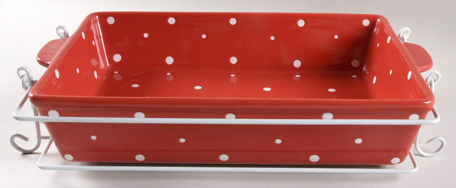 Polka Dot Red 15" Rectangular Baker w/Metal Stand by Temp-Tations-1