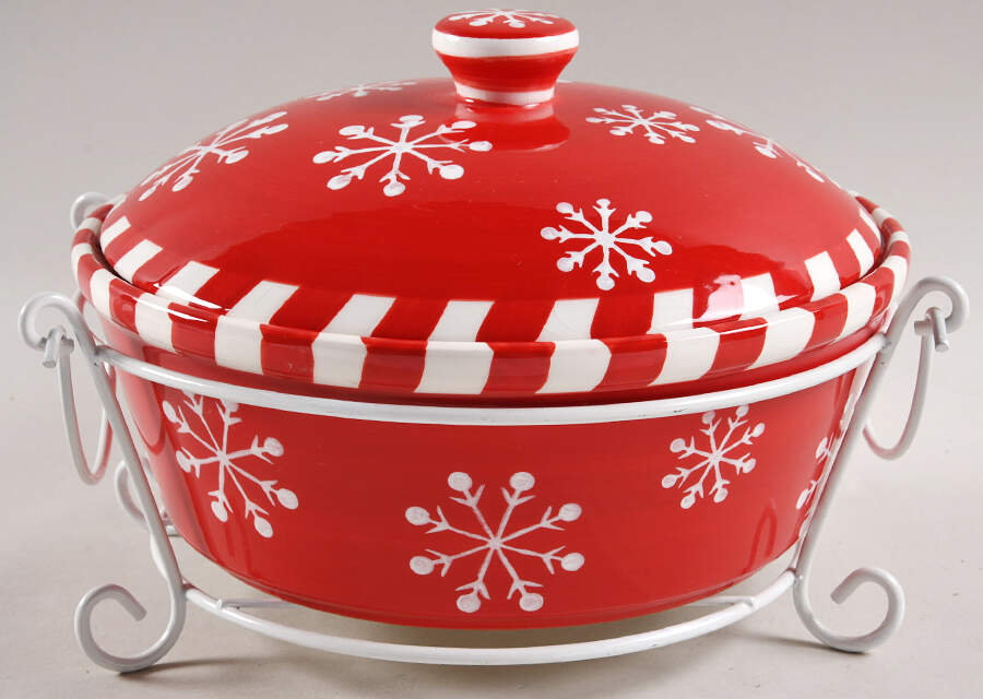 Snowflake 2 Qt Covered Casserole & Metal Stand by Temp-Tations-1