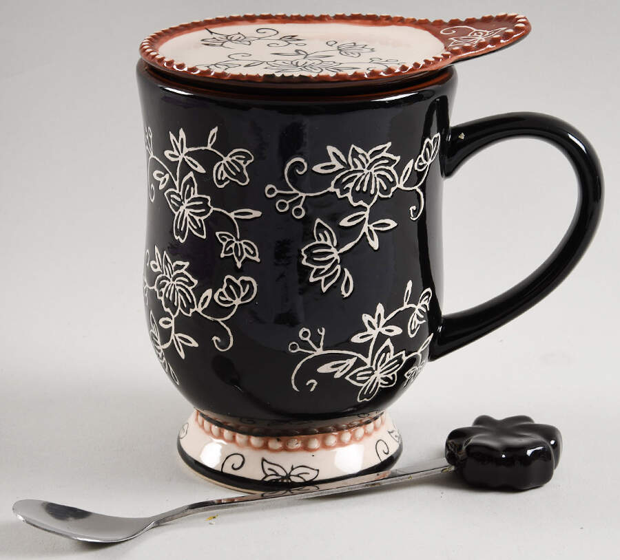 Floral Lace Black Footed Mug & Lid-It with Spoon by Temp-Tations-1