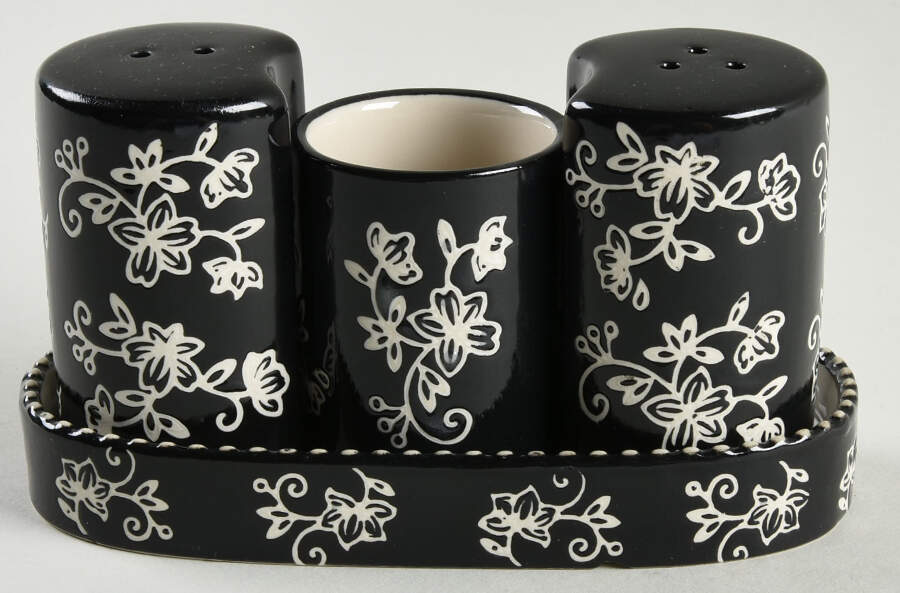 Floral Lace Black 4-Piece Salt & Pepper Set/Toothpick Holder and Tray by Temp-Tations-1
