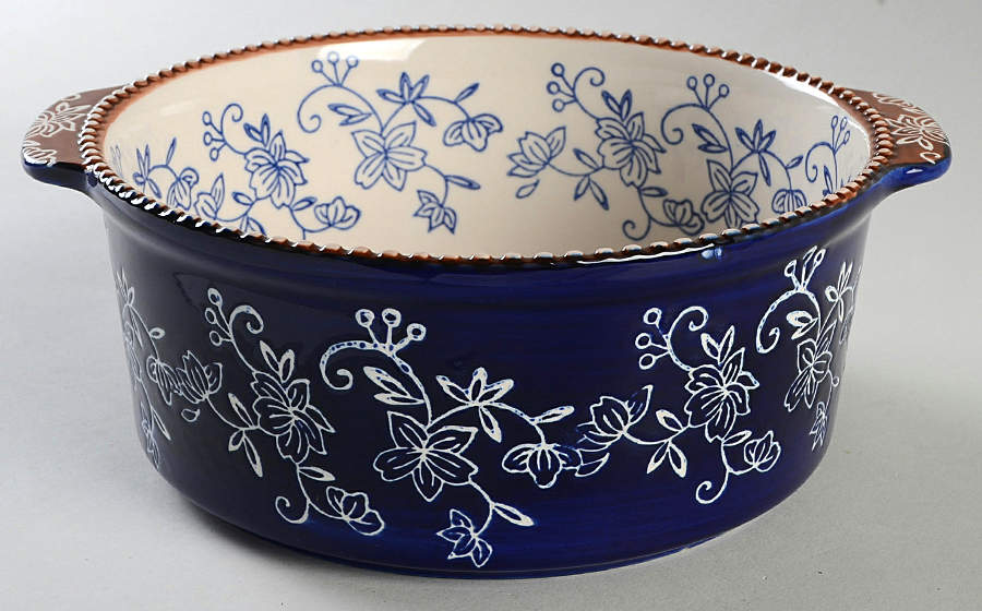 Floral Lace-Blue 10" Handled Round Serving Bowl by Temp-Tations-1