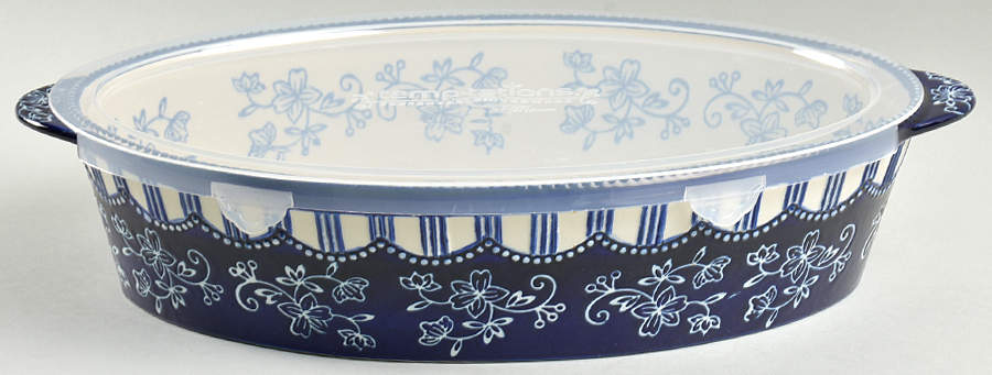 Floral Lace-Blue 15" Oval Baker & Plastic Lid by Temp-Tations-1