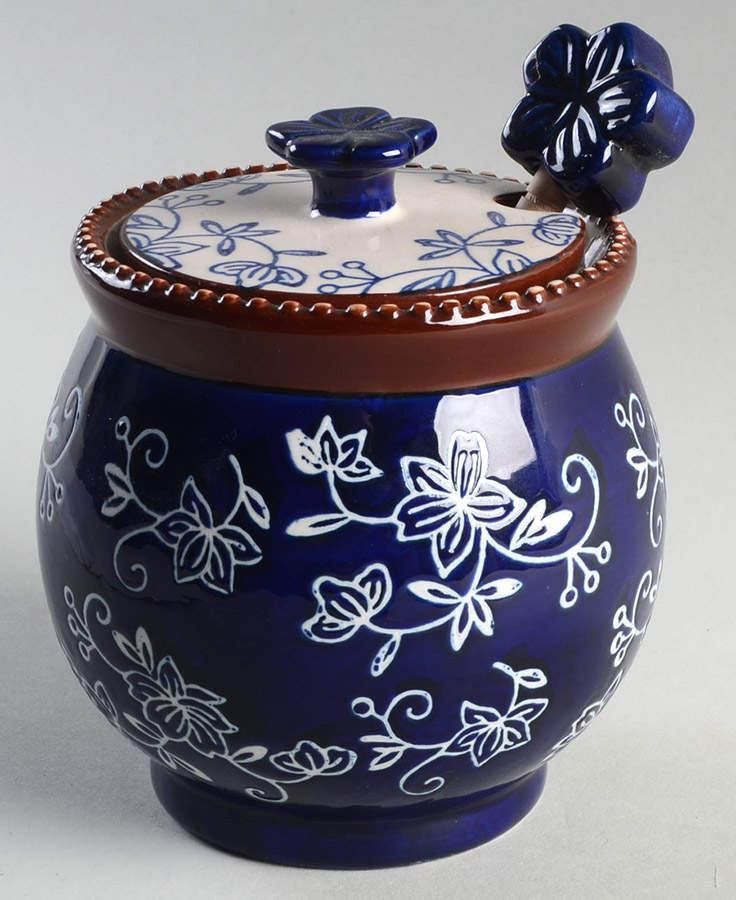 Floral Lace-Blue Honey Pot with Lid and Spoon/Dipper by Temp-Tations-1