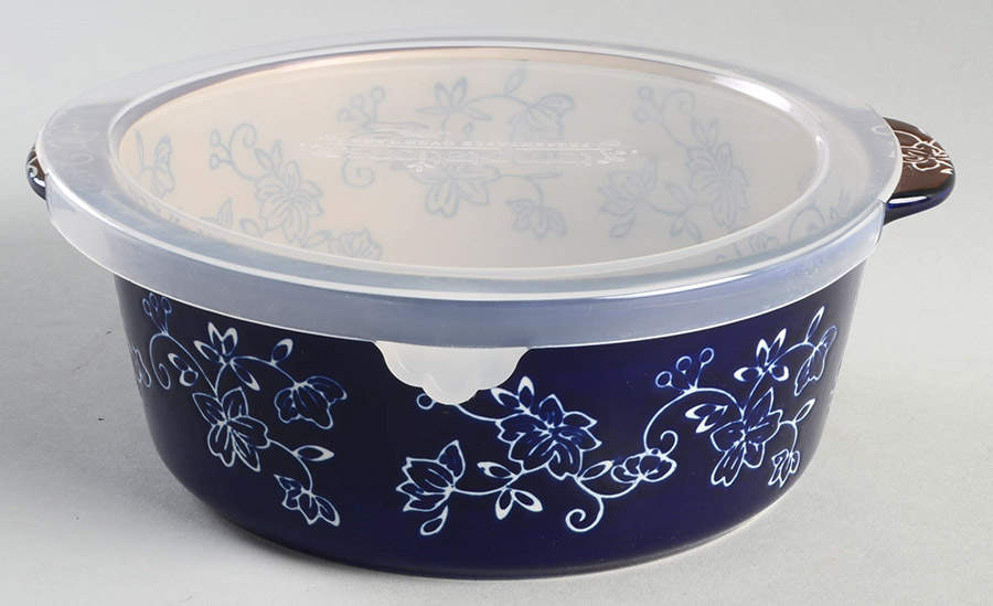 Floral Lace-Blue 8" Handled Round Baker with Plastic Lid by Temp-Tations-1