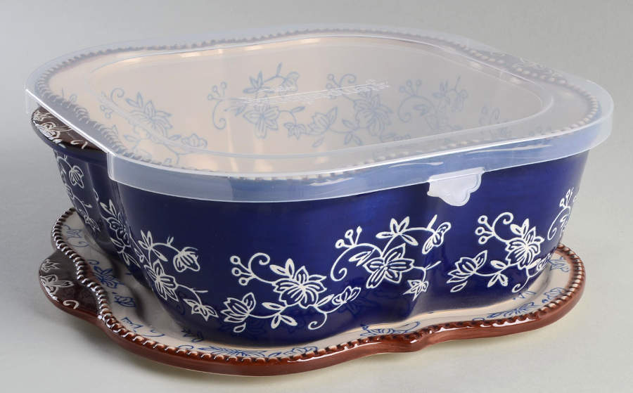 Floral Lace-Blue 10" Square Baker w/Plastic Lid & Lid-It by Temp-Tations-1