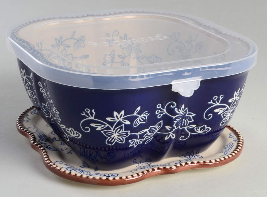 Floral Lace-Blue 7" 1.5 Qt Square Bowl w/Plastic Lid & Lid-It by Temp-Tations-1