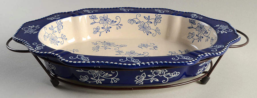 Floral Lace-Blue 13" Oval Baker with Metal Stand by Temp-Tations-1