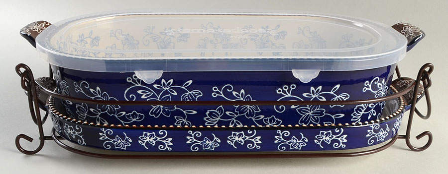 Floral Lace-Blue 15" Oval Baker w/Plastic Lid, Lid-It & Metal Stand by Temp-Tations-1