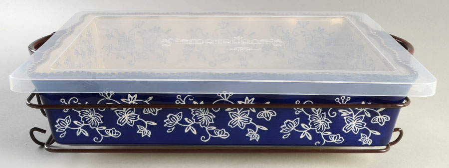 Floral Lace-Blue 13" Rectangular Baker W/Storage Lid & Metal Stand by Temp-Tations-1