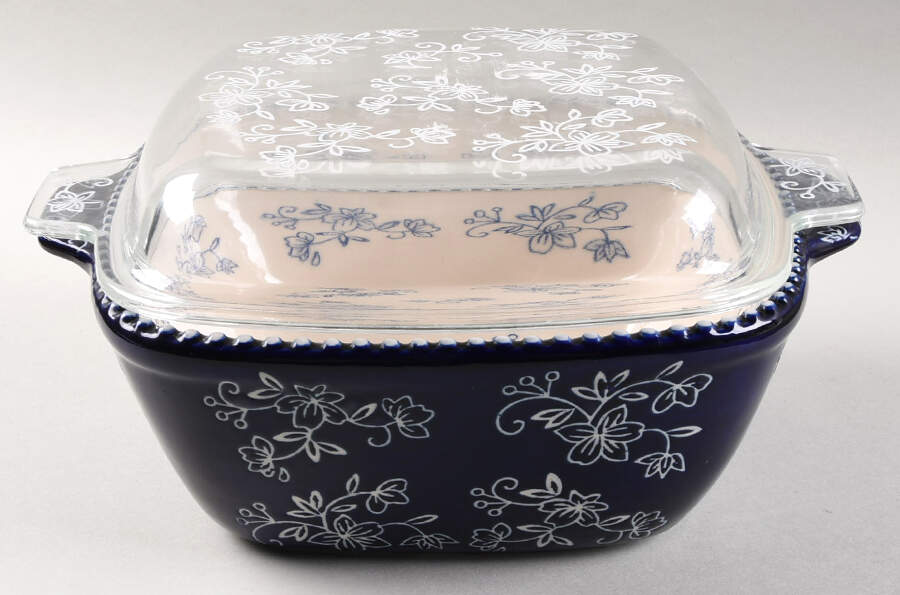 Floral Lace-Blue 8" Square Baker & Glass Lid by Temp-Tations-1