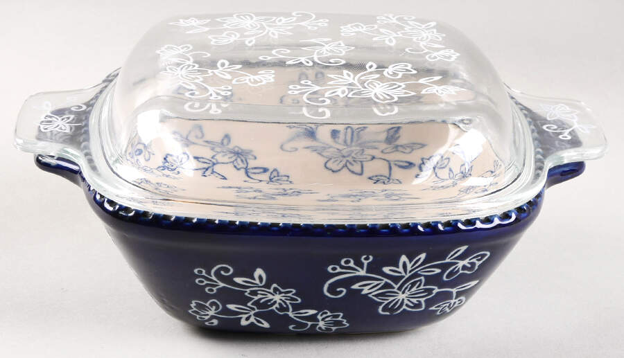 Floral Lace-Blue 6" Square Baker & Glass Lid by Temp-Tations-1