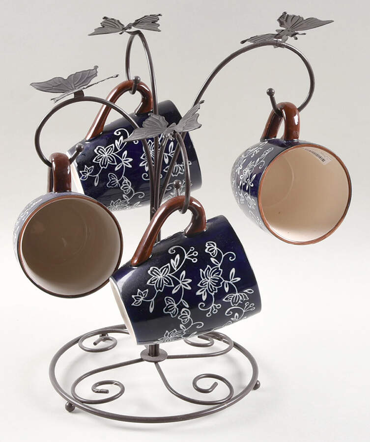 Floral Lace-Blue Mug Tree & 4 Mugs (MUGM2 & MUGTRE) by Temp-Tations-1
