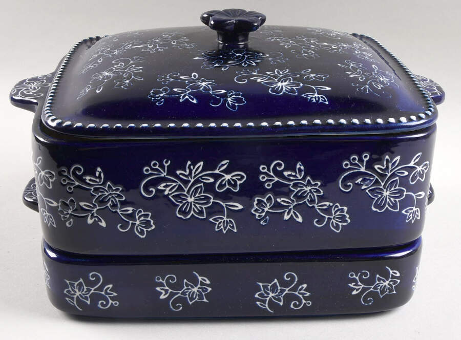 Floral Lace-Blue Stacking Casserole with Lid - Set of 2 by Temp-Tations-1