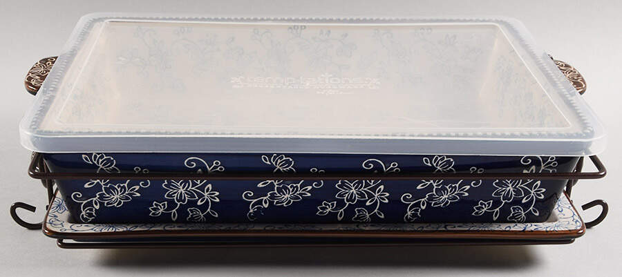 Floral Lace-Blue 4pc 15" Rect. Baker (Baker,Lid,Tray & Stand) by Temp-Tations-1