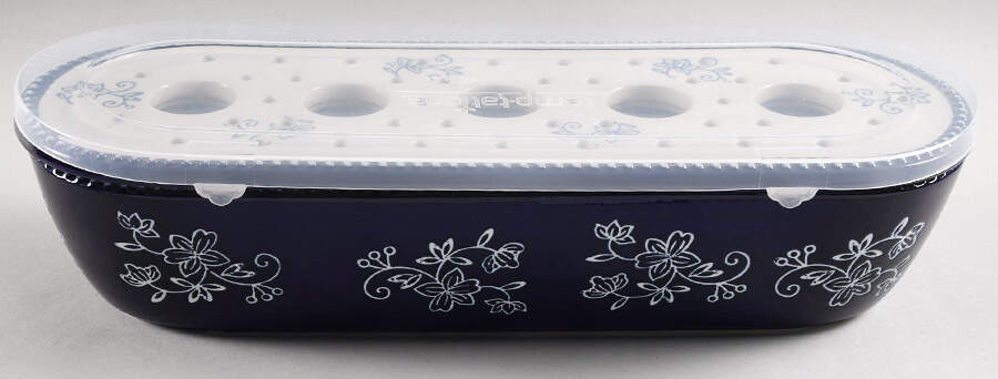 Floral Lace-Blue 14" Oblong Baker with Steamer/Floral Frog Lid & Plastic Lid by Temp-Tations-1