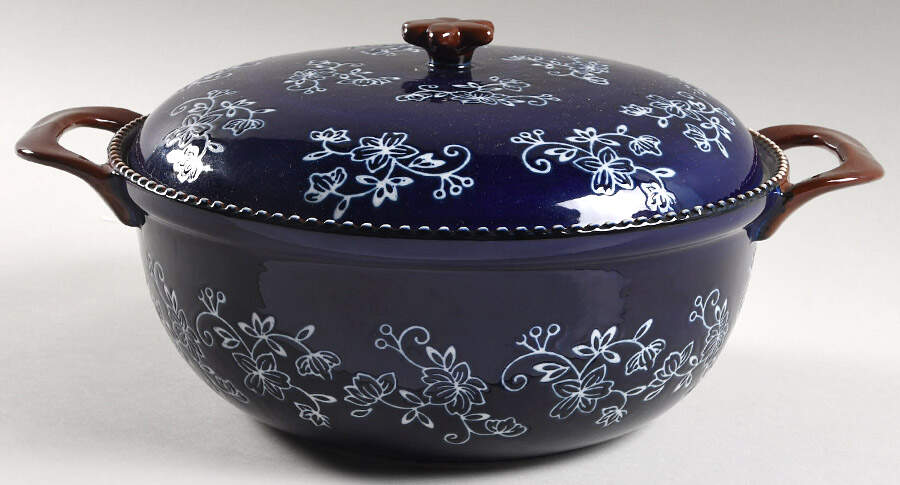 Floral Lace-Blue 3 Quart Round Covered Casserole by Temp-Tations-1