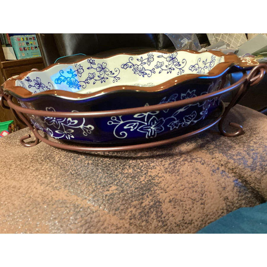 Floral Lace-Blue 9" Pie Baking Plate with Metal Stand by Temp-Tations-1