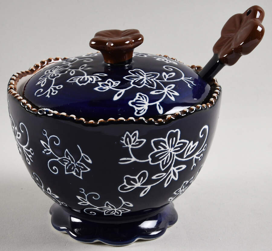 Floral Lace-Blue Sugar Bowl & Lid W/Spoon by Temp-Tations-1