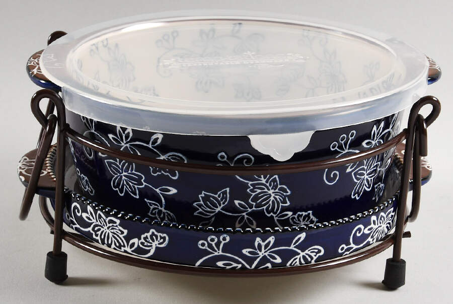 Floral Lace-Blue 4pc 8" Round Handled Baker(Baker,Lid,Lidit&Stand) by Temp-Tations-1