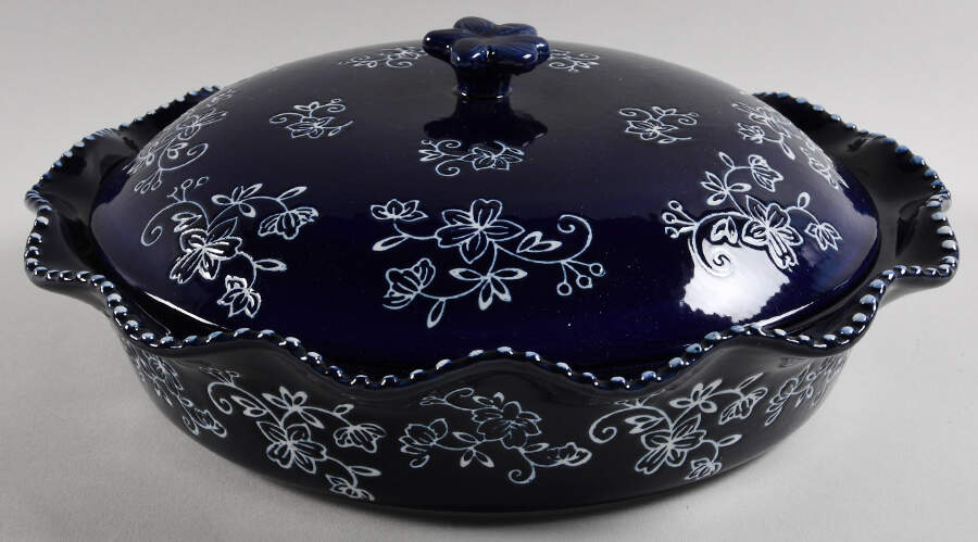 Floral Lace-Blue Pie Plate Safe with Ceramic Lid by Temp-Tations-1